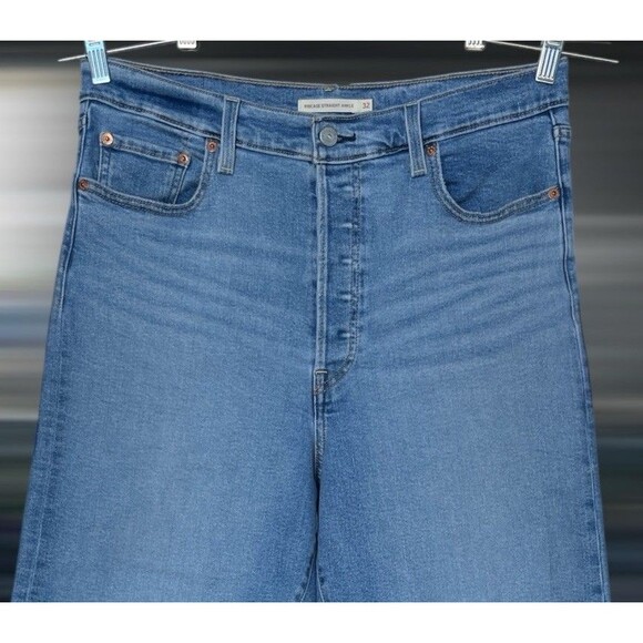 Levi's Ribcage Straight Ankle High-Rise Raw Hem Stretch Blue Jeans Women’s Sz 32 - Picture 9 of 13
